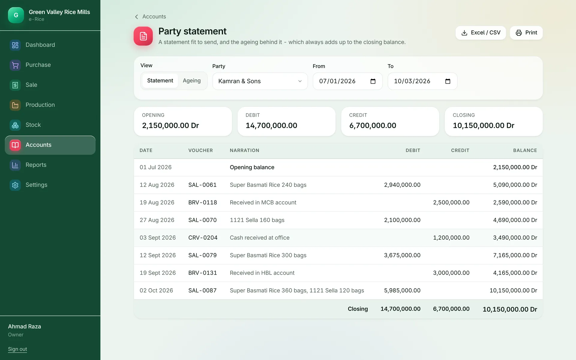 e-Rice Party statement screen: statements that tie to the ledger